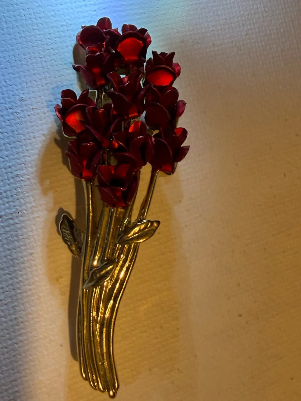 Gold-Tone Bouquet Brooch with Deep Red Enamel Flowers